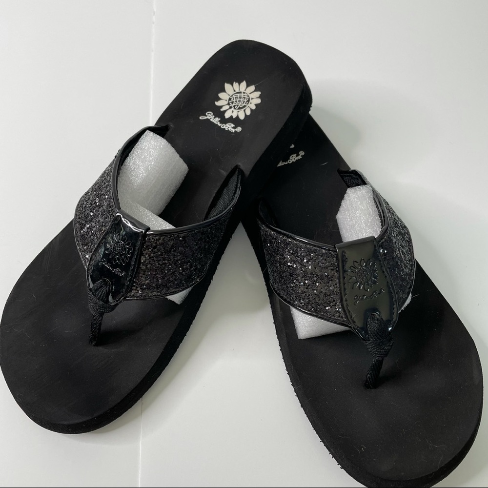 Yellow Box Black Sparkly Flip Flops Size 9